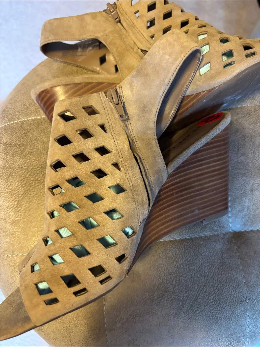 Franco Sarto Taupe Suede Cutout Wedge Sandals
